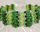 Green Beaded Bracelet Woven with Olive Green, Emerald Green, and Bronze Seed Bead Stripes, St Patricks Day Bracelet 7 1/2 Inches