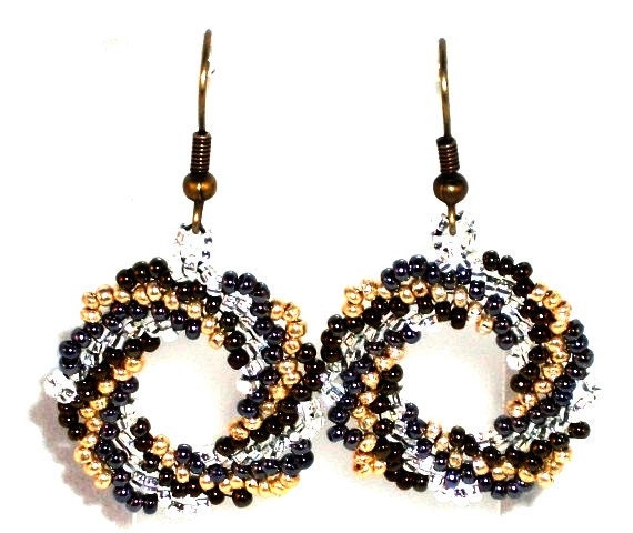 Metallic Hoop Earrings Seed Bead Woven in Silver Gold and Copper Glass Beads Free Shipping to USA and Canada