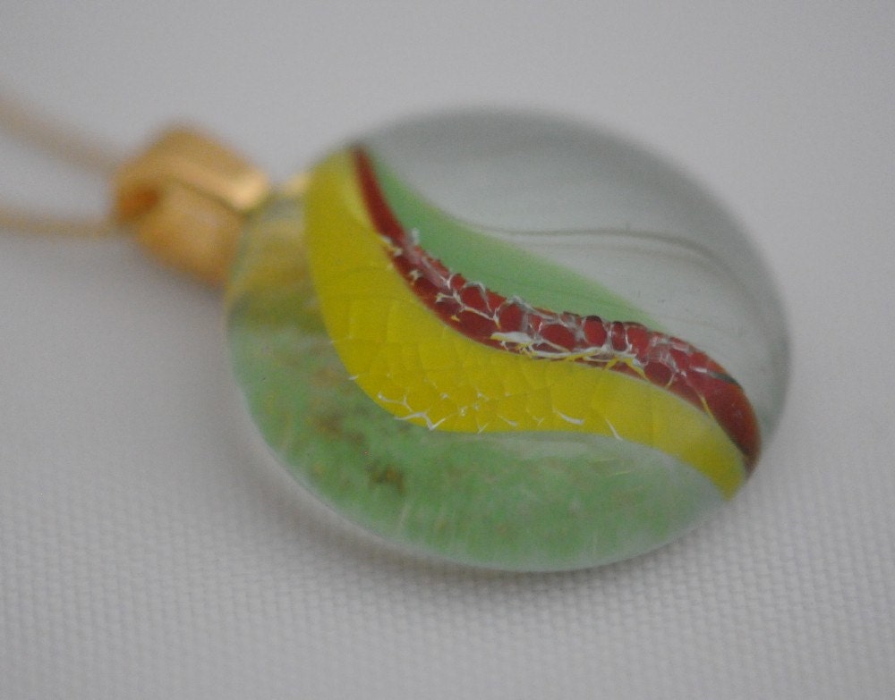 Rainbow Vintage Glass Marble Recycled Into Wearable Art Pendant with 14 K Gold Bail