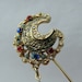 Vintage Stick Pin / Brooch Crescent Moon with Chain - Ornate and full of Tiny Gemstones - Signed ART