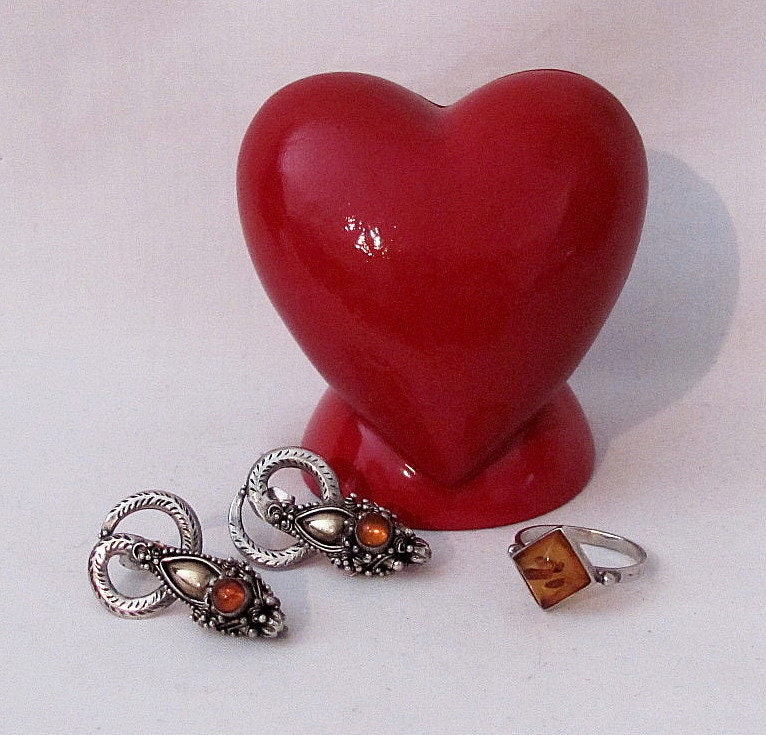 Vintage Amber STERLING Silver Ornate Earrings and Ring - Gorgeous