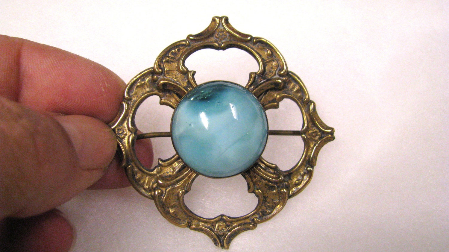 Vintage Art Glass Art Deco Brooch Blue Green Mottled Glass Cabochon Brass