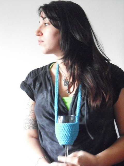 Crochet Wine Glass Necklace in Hot Blue