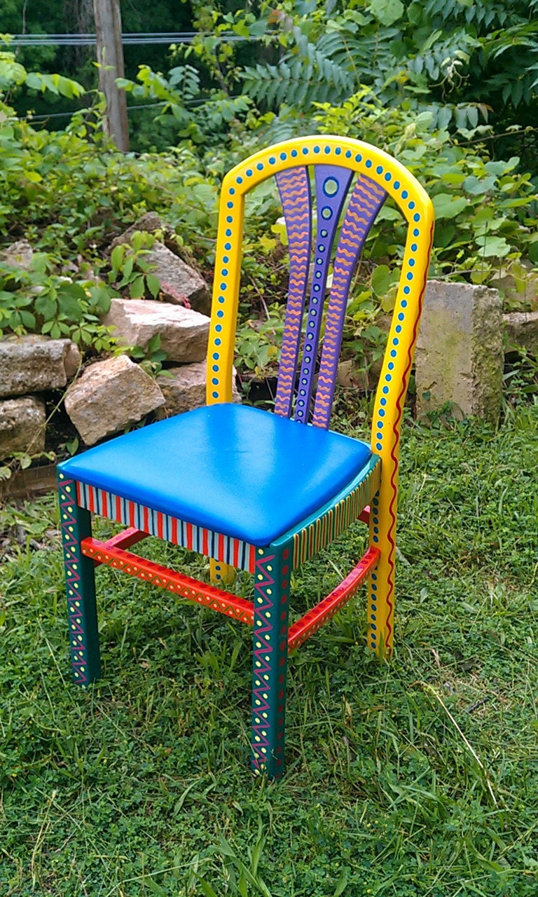 Hand Painted Furniture Chair Colorful Crazy Yellow Back