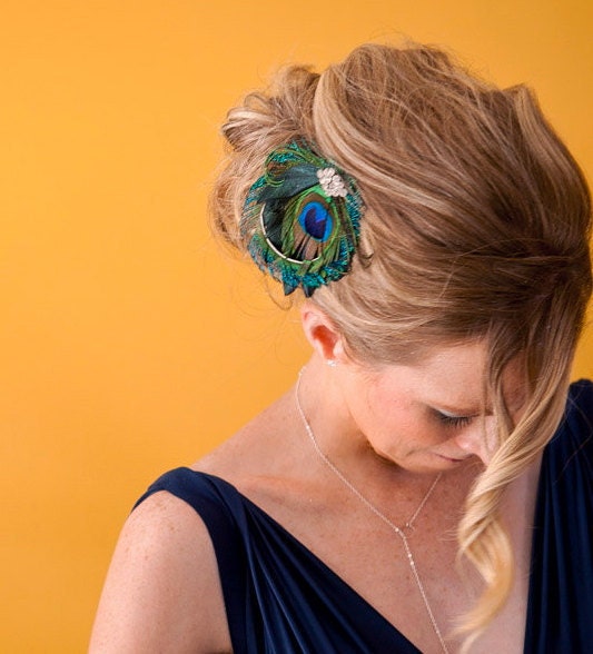 Bridesmaid Hair Accessories, Peacock Feather Hair Clip, Bridal Head Piece, Peacock Sword, Vintage Jewel - Made to Order - SANDY