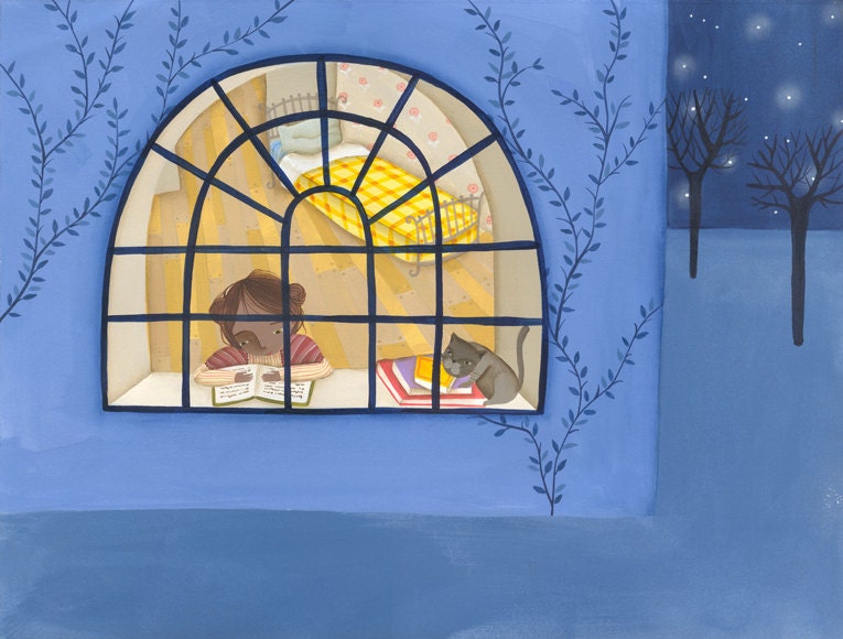 Children illustration print art - "Reading at night"