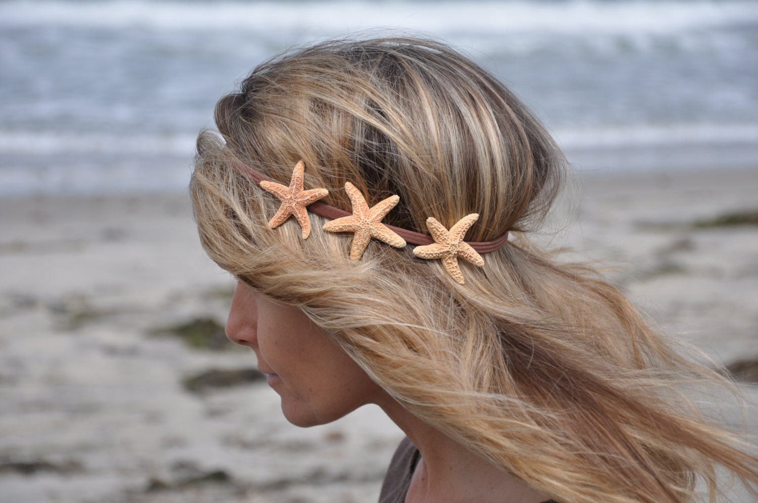 Triple Starfish Headband Three Starfish on Elastic Headband Hippie Headwrap