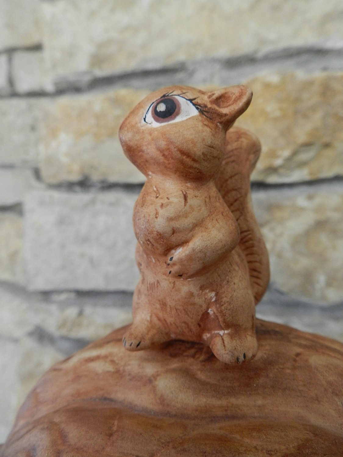 Vintage 1960s squirrel on walnut dish covered ceramic dish use as candy or nut dish