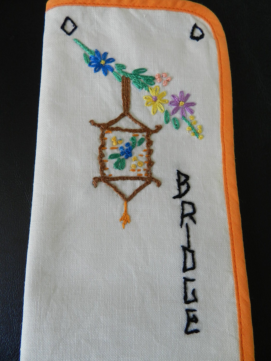 Vintage Embroidered Cloth Bridge Tally Card Scoresheet Holder Colorful Embroidery Orange Binding