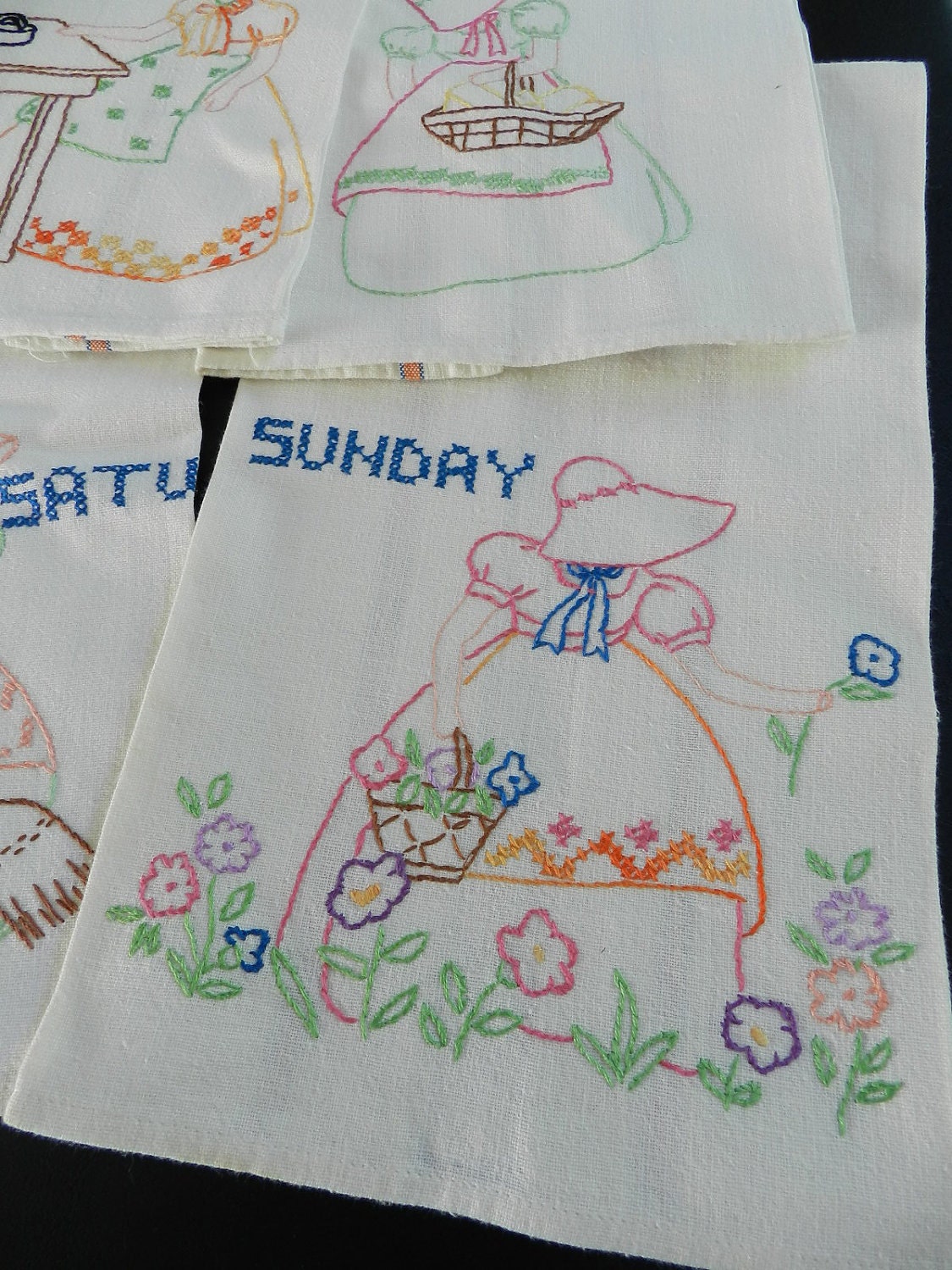 Reserved Vintage Days of the Week Monday to Sunday Embroidered Dish Towels Set of 7