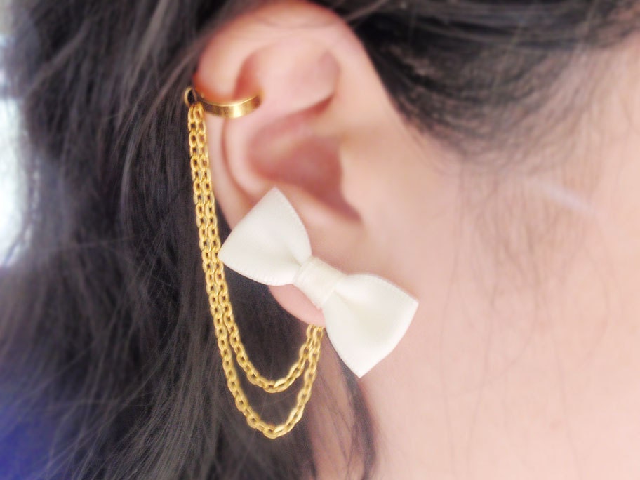 Ivory Bow Gold Chain Ear Cuff (Pair)