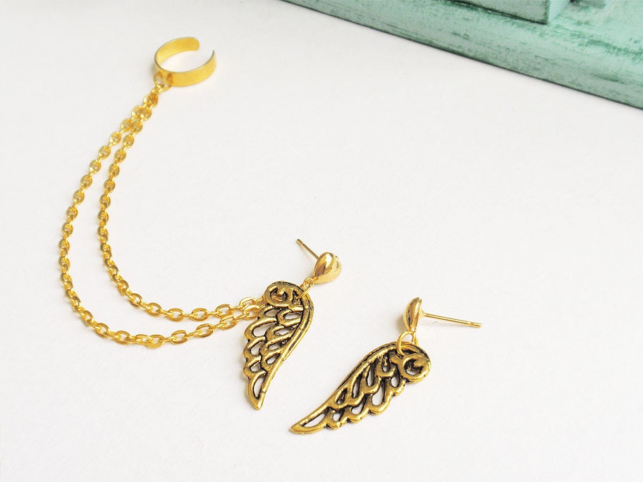 Gold Hearts and Wings Ear Cuff (Pair)