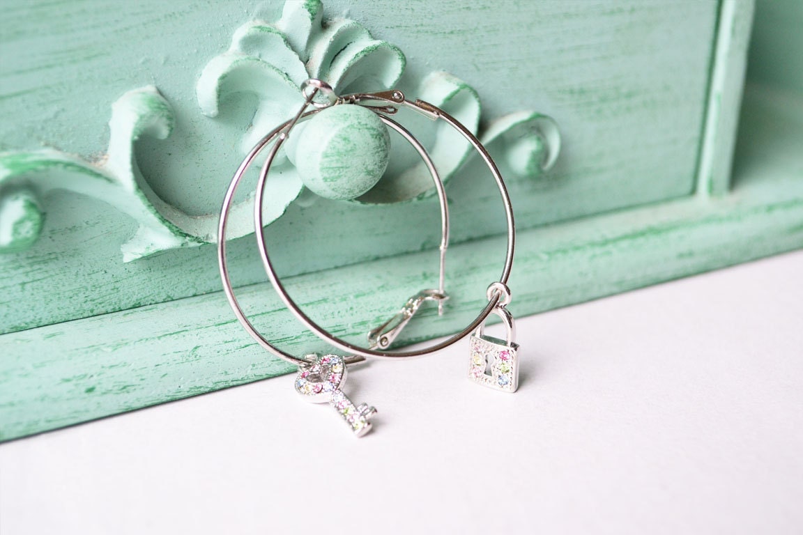 Rainbow Lock and Key Silver Hoop Earrings