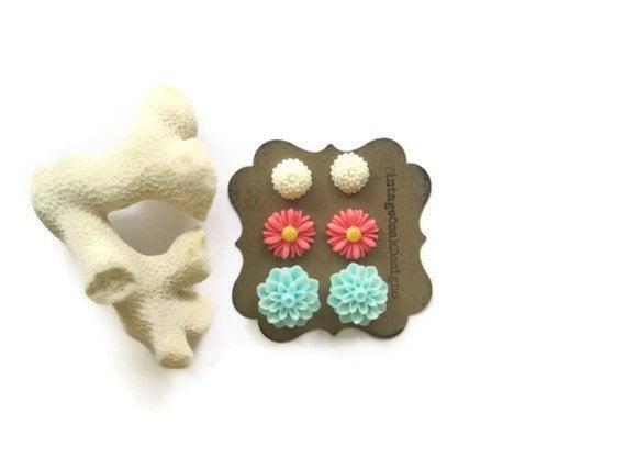 Coral, Seafoam & White Flower Earrings, 6pc.Set, Summer Colors, Beach Wedding Bridesmaid Earrings