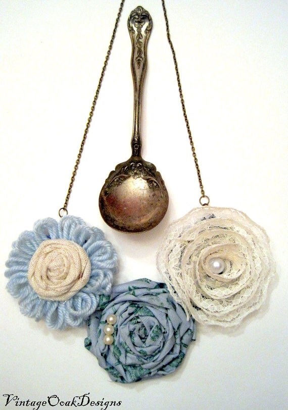 French Cottage Bib Necklace -- Vintage Blue & Cream Colored Fabric and Lace Flowers Bib Necklace, OrginalOOAK Handmade