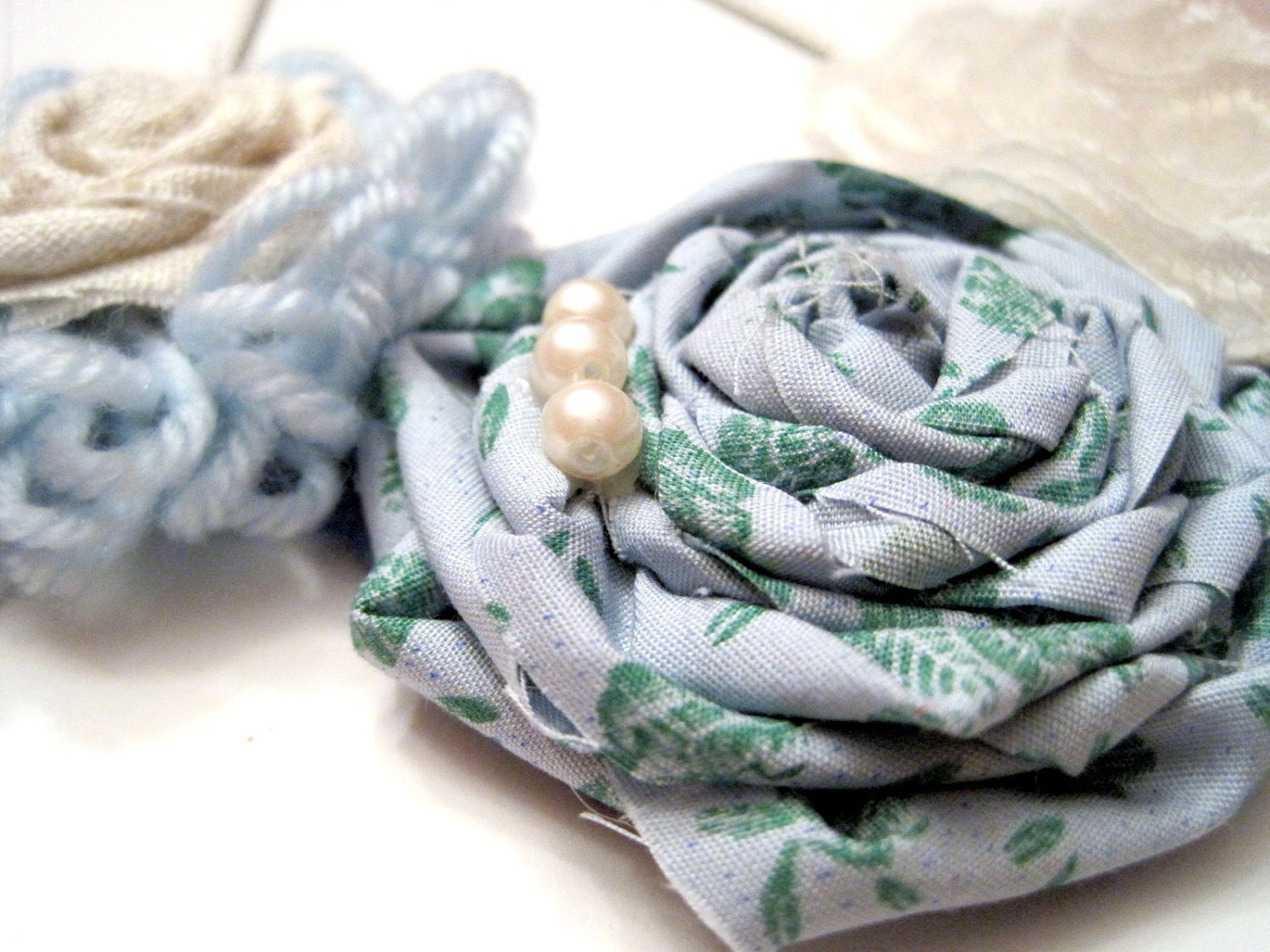 French Cottage Bib Necklace -- Vintage Blue & Cream Colored Fabric and Lace Flowers Bib Necklace, OrginalOOAK Handmade