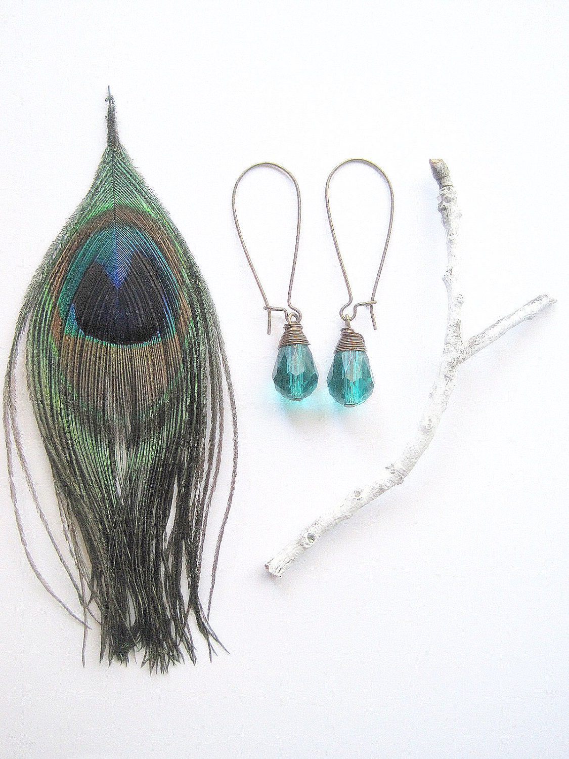 Peacock Teal Swarovski Crystal Earrings on Long Antiqued Bronze Wires -- Natural Elements Jewelry Collection