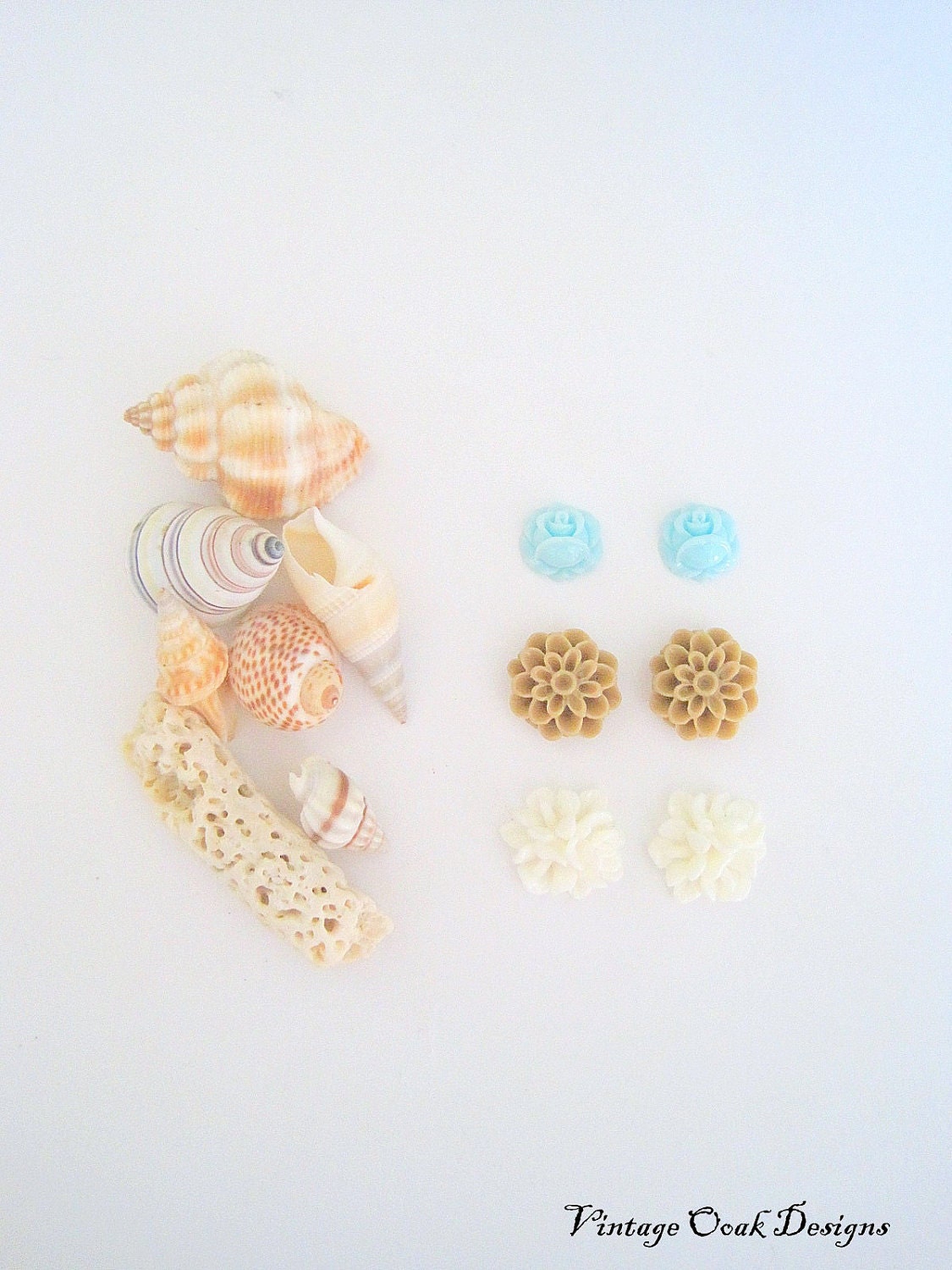 Seashore Flower Earrings 6pc. Set - Seafoam, Sand & White Flower Stud Earrings, Bridesmaid Gift, Summer 2013