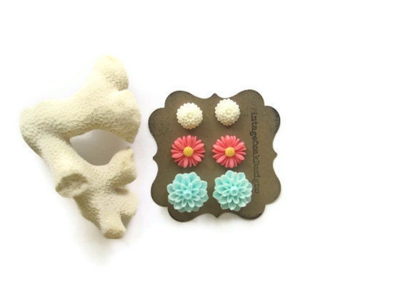 Coral, Seafoam & White Flower Earrings, 6pc.Set, Summer Colors, Beach Wedding Bridesmaid Earrings