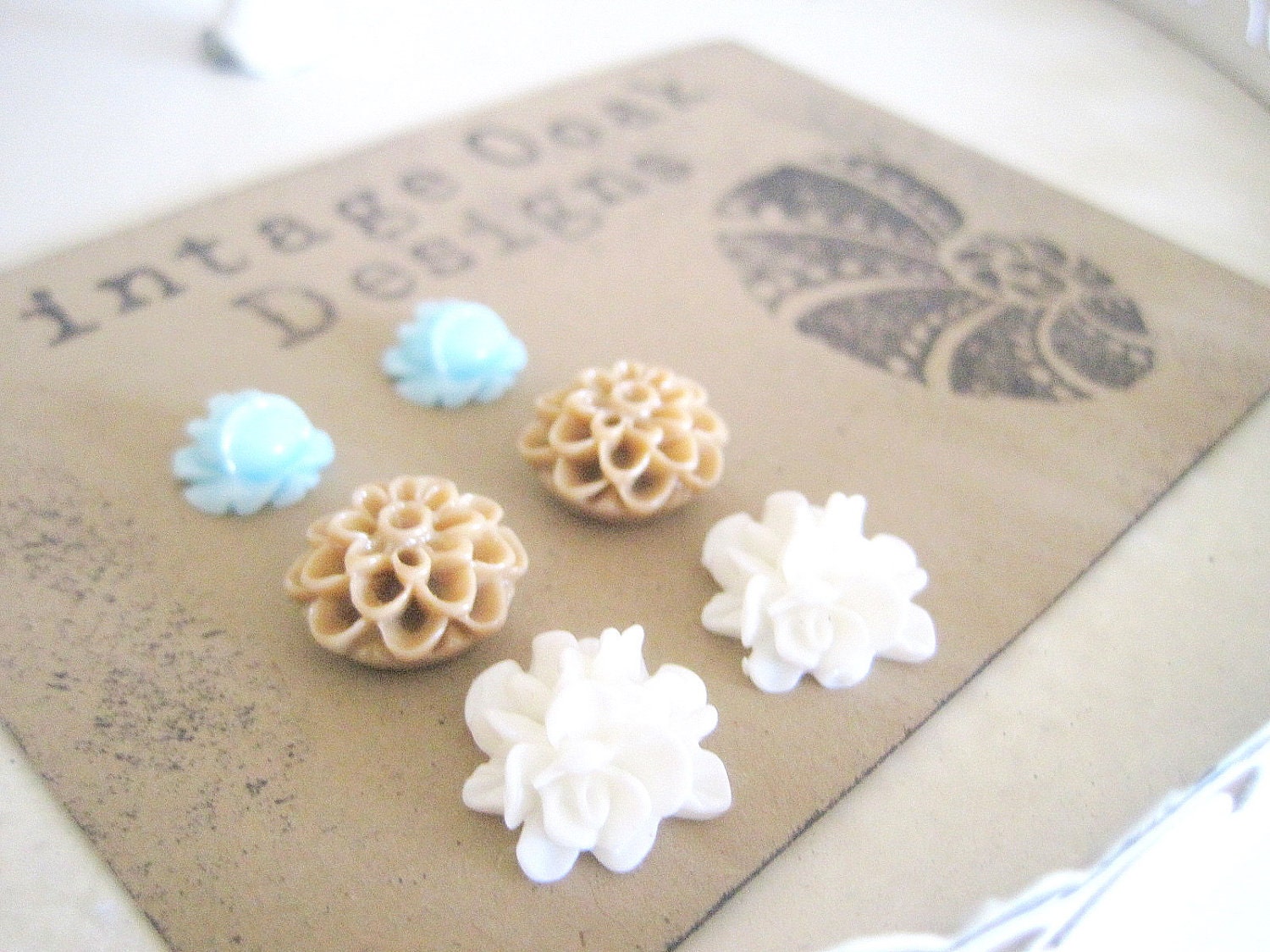 Seashore Flower Earrings 6pc. Set - Seafoam, Sand & White Flower Stud Earrings, Bridesmaid Gift, Summer 2013