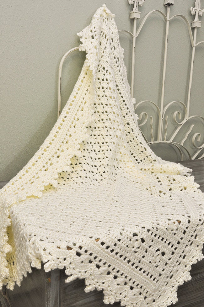 Crochet Baby Blanket Cream Lacy Heirloom by CuddleBugCrochet