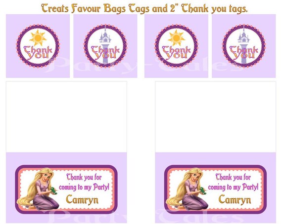 Tangled Disney Rapunzel Princess Birthday Girl Party Printable THANK YOU favour Treat bags tags Custom Personalized by PartyTales Il_570xn