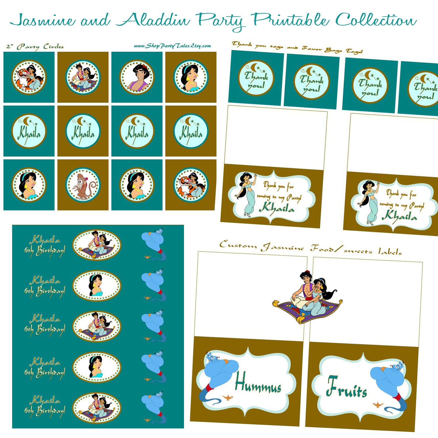 Jasmine and Aladdin COMPLETE Printable birthday party Collection cupcake toppers favors Thank you tags Water bottle & food table labels Il_570xn