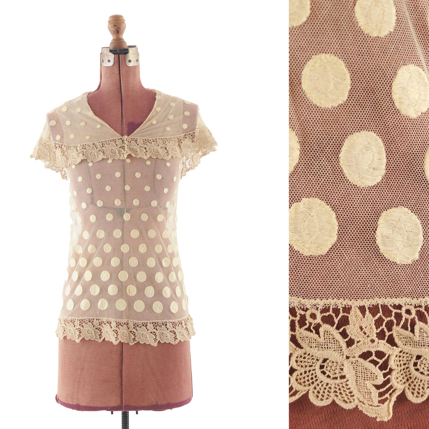 Vintage 1920's Sheer Mesh SAILOR Romantic Lace Blouse Top S