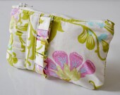 Coin purse wallet:Amy Butler fabric with purple,green and blue finished with ruffle.