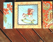 Vintage Inspired CANVAS Art for Child or Baby - Vintage Rocking Horse, Paisley and Flower - Christmas Gift  3 pc art set - MAXINE RUTH Line