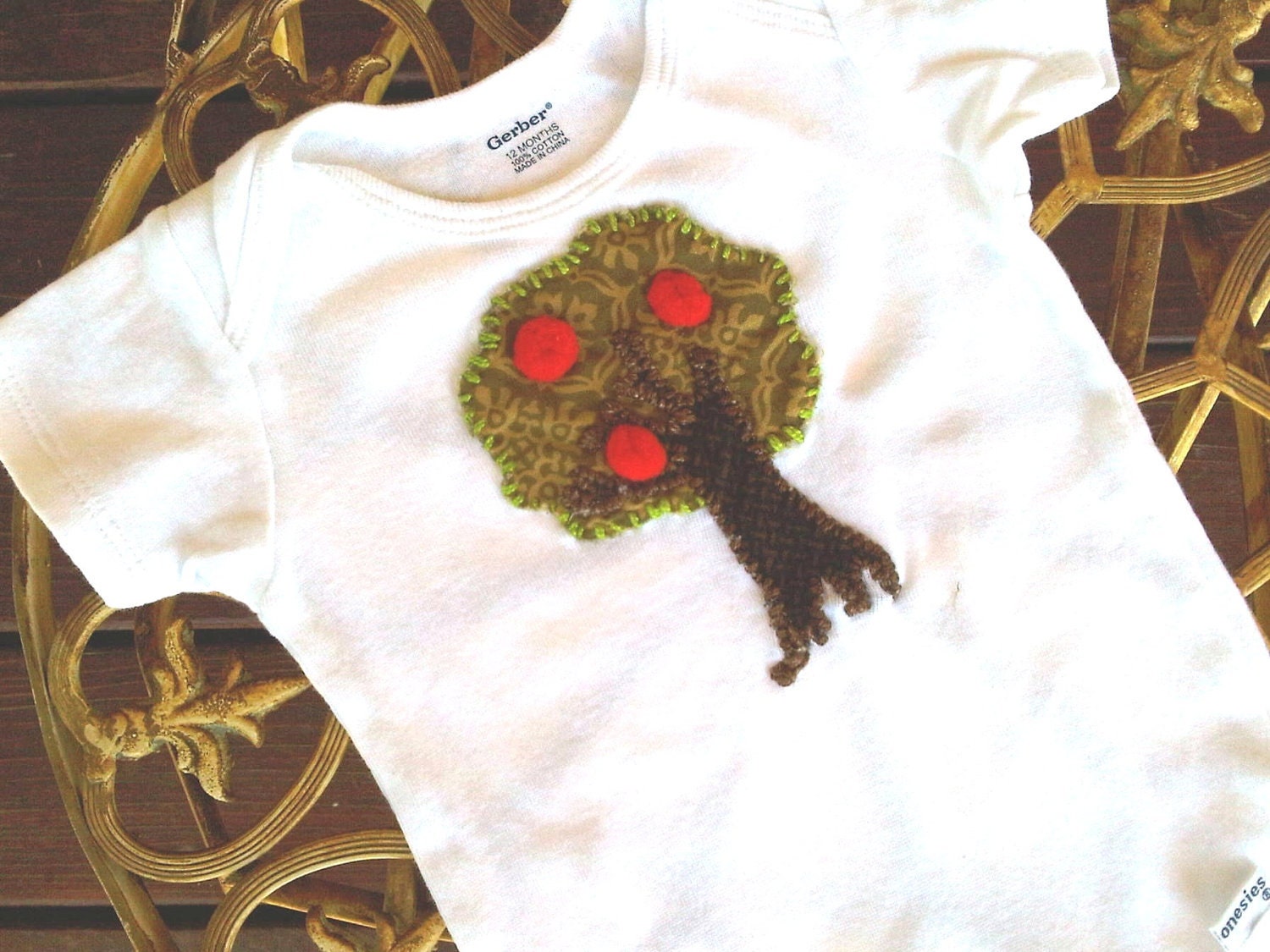 Baby photo prop ONESIE -  Apple Tree - Applique - Red Pom Pom  - STANLEY CLYDE Line By AddieGertrude Collections