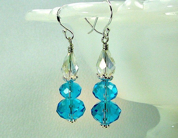 Crystal turquoise earrings, Swarovski crystal, sterling earwires.