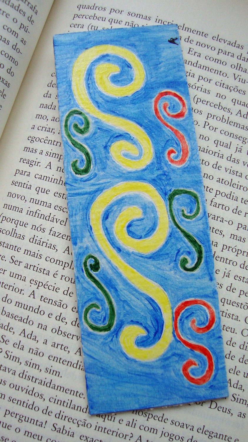 Original Acrylic Painted Abstract Art Bookmark - Yellow, Green, Red Spirals
