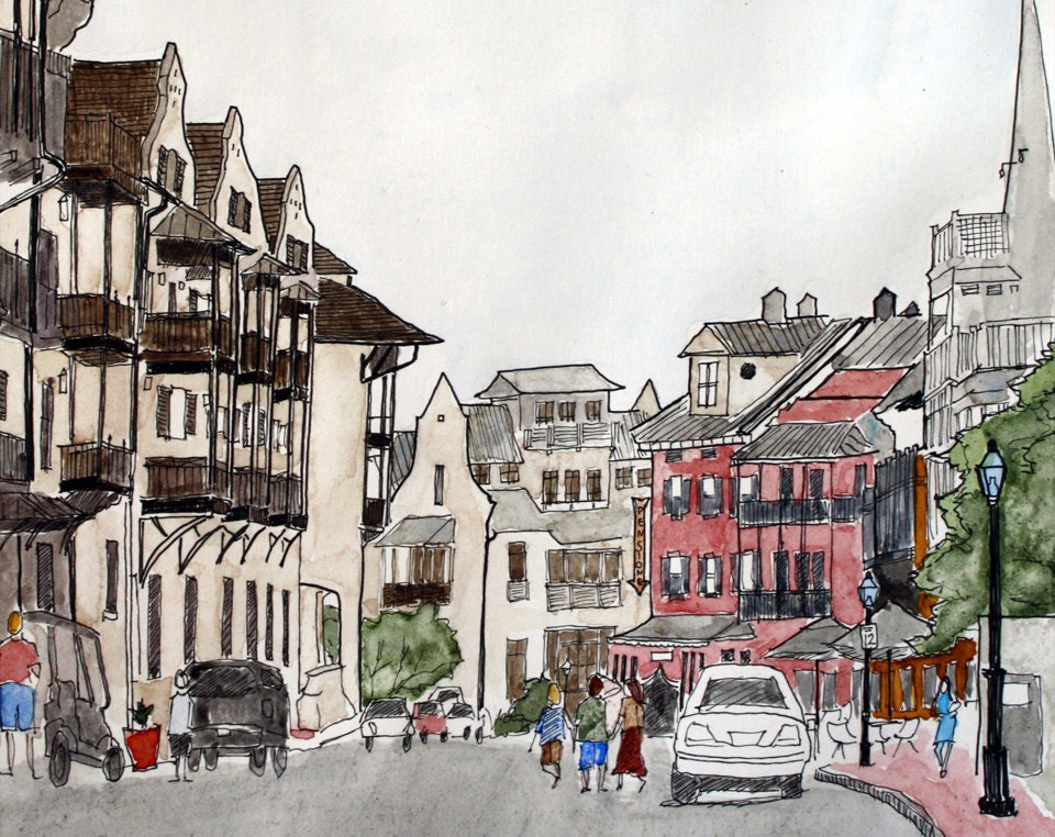 Art Print Rosemary Beach Street Scene No 1 -  8 x 10 - matted 11 x 14