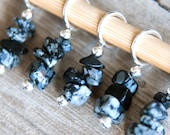 Snag Free Stitch Markers in Snowflake Obsidian Gemstone Set of 5, Black and Gray, Grey, Snagless