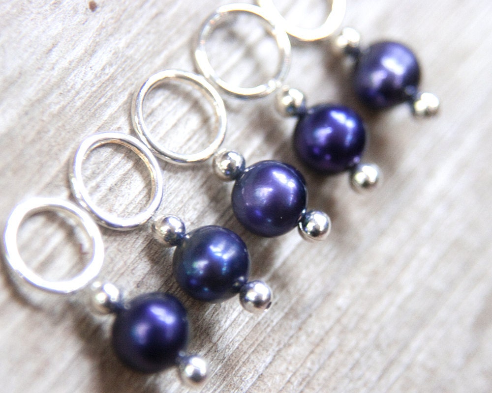 Snag Free Stitch Markers in Royal Purple Pearl Set of 5, Genuine Freshwater Pearls, Snagless