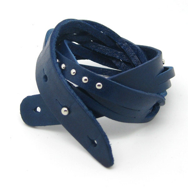 Two Circles Elegant Blue Leather Bracelet with Metal Button Adjustable B322
