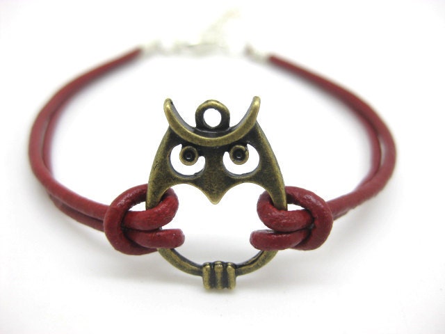 Red Leather Bronze Owl Bracelet B045-11