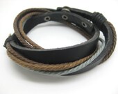 Hemp Rope Black Leather Cuff Bracelet Adjustable B432-1