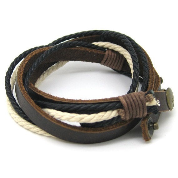 Brown Leather Bracelet Rope Bracelet Cuff With Metal Woven Snapper Adjustable B018