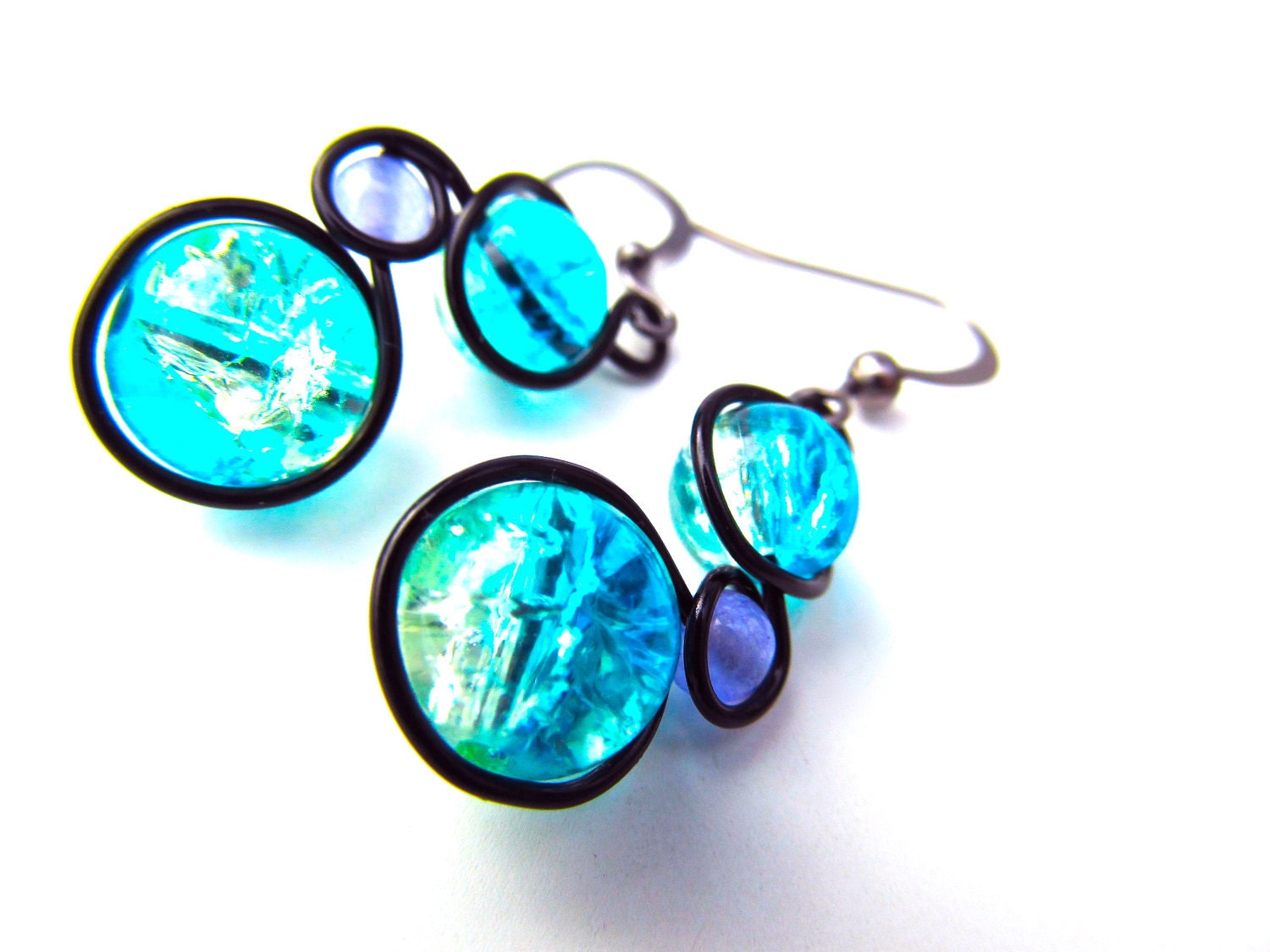 Turquoise and Purple Crackle Glass Bead Earrings Wrapped with Black Craft Wire