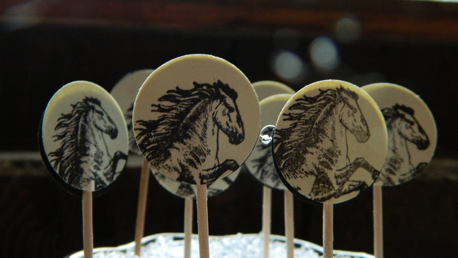 Cowgirl or cowboy PARTY Picks - Vintage style horse - Set of 8 - Ivory and black