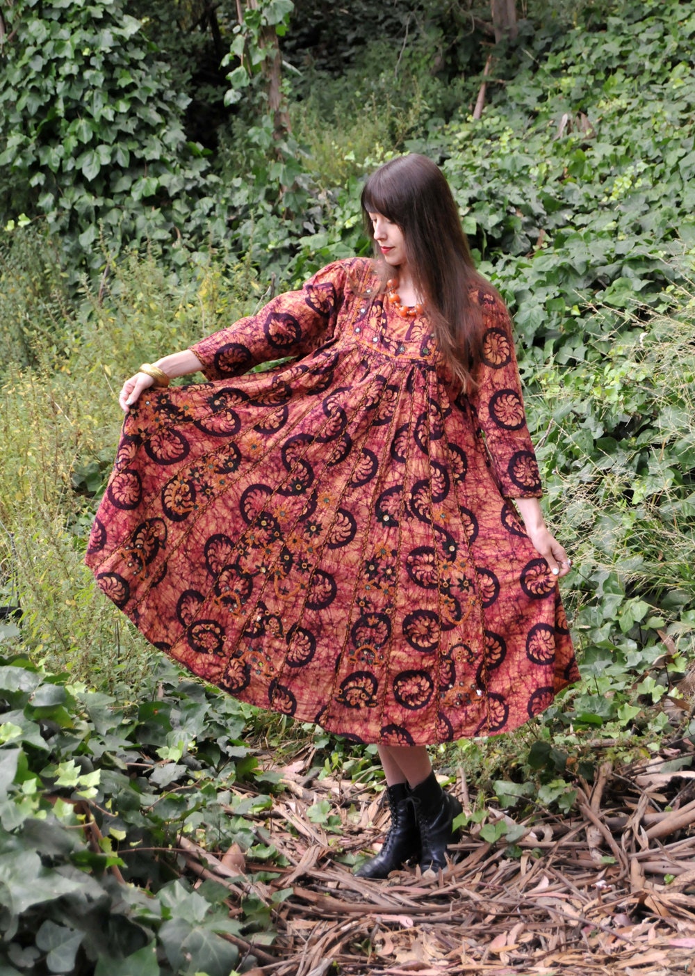 Gypsy Batik Dyed Indian MIRROR Vintage Dress Embroidered with Incredible Details