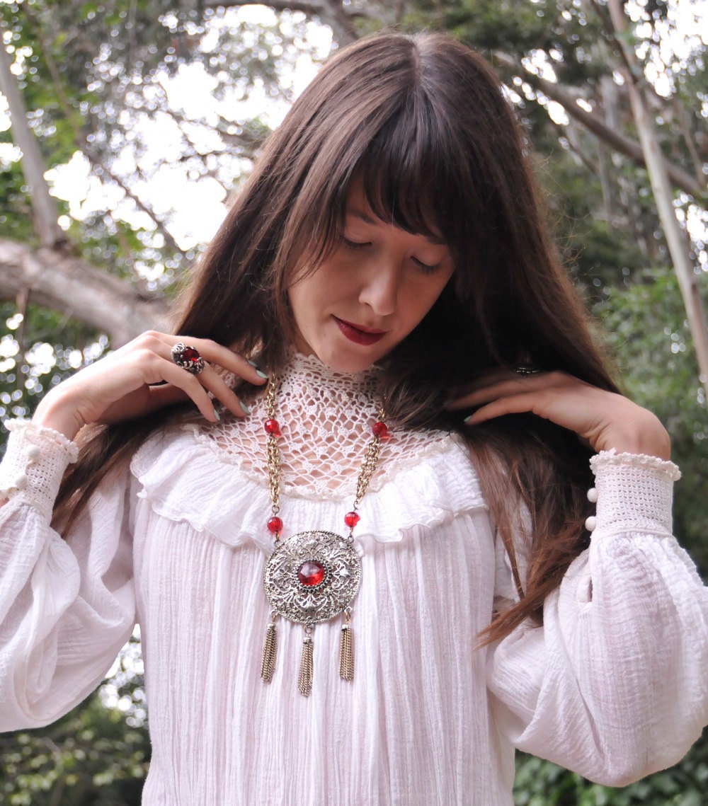 Pendant Necklace HUGE Rare Red and Silver Filigree Design with Three Fringe Tassels