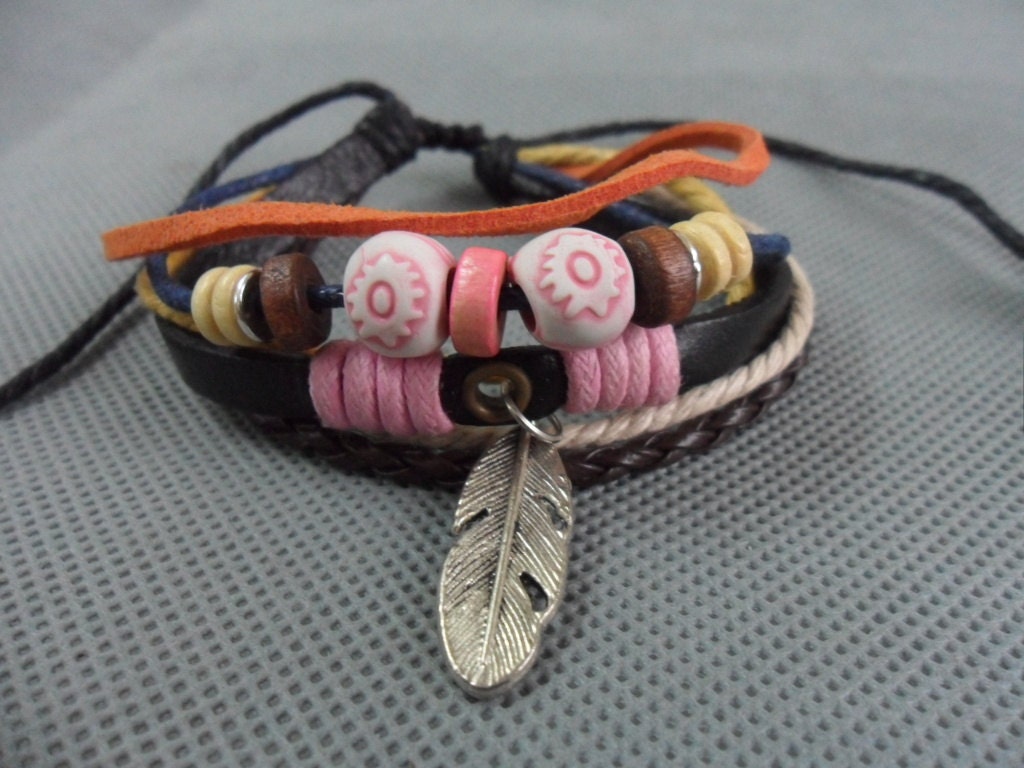 Adjustable Bracelet Cuff made of  Leather , ropes ,color  beads , metal beads  SH-087