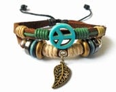 women bracelet man bracelet punk bangle blue Anti-war peace peaceful made of  Leather hemp Ropes  Color Wooden Beads bracelet cuff