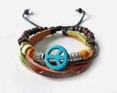 men bracelet punk bangle blue Anti-war peace peaceful made of  Leather hemp Ropes Color Wooden Beads bracelet cuff sh-0446