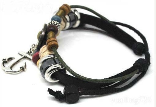 punk rock Bracelet women bracelet man bracelet Cuff real Leather and ropes ,wood beads ,hunger game antique anchor bracelet wrist SH-0411