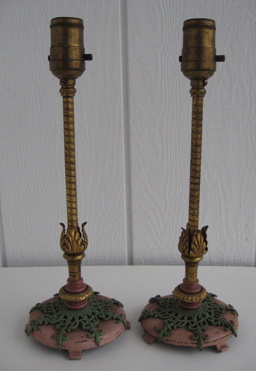 Pair Vintage PARIS Chic SHABBY Painted Gold Gilt BOUDOIR Lamps French Fleur De Lis