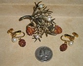Signed Wells Sterling Silver Brooch And Earrings With Carved Bakelite Pine Cones 1950's Signed Jewelry K21